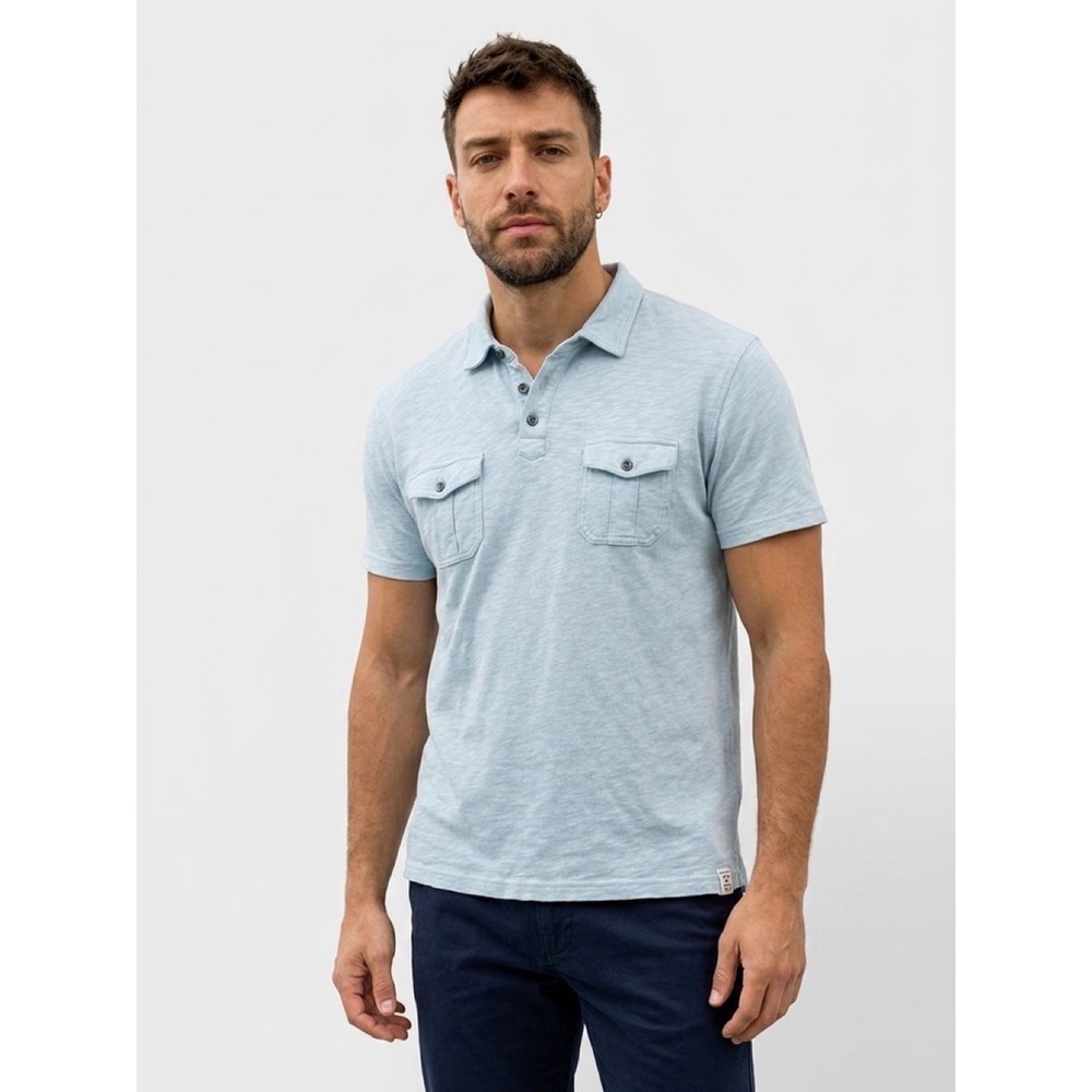 Lucky Brand Mens XL Light Blue Slub Cotton Short Sleeve Polo Shirt 2 Pocket